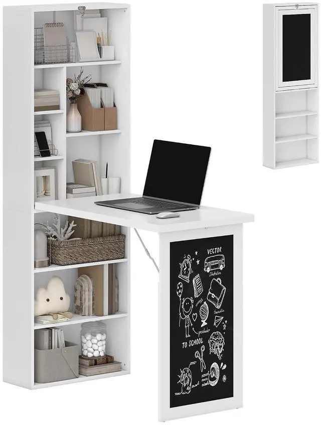 Main image of Foldable Convertible Writing Table Space-Saving Computer Desk White | Wall Mounted Design, Chalkboard, Storage Shelves, for Small Spaces, Home Office, Bedroom, Dorm, Apartment