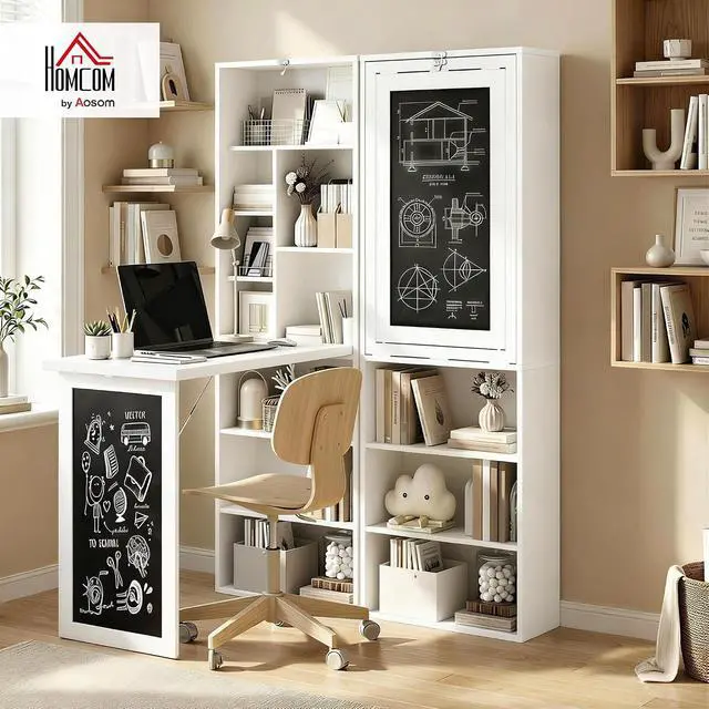 Alt view image 2 of 7 - Foldable Convertible Writing Table Space-Saving Computer Desk White | Wall Mounted Design, Chalkboard, Storage Shelves, for Small Spaces, Home Office, Bedroom, Dorm, Apartment