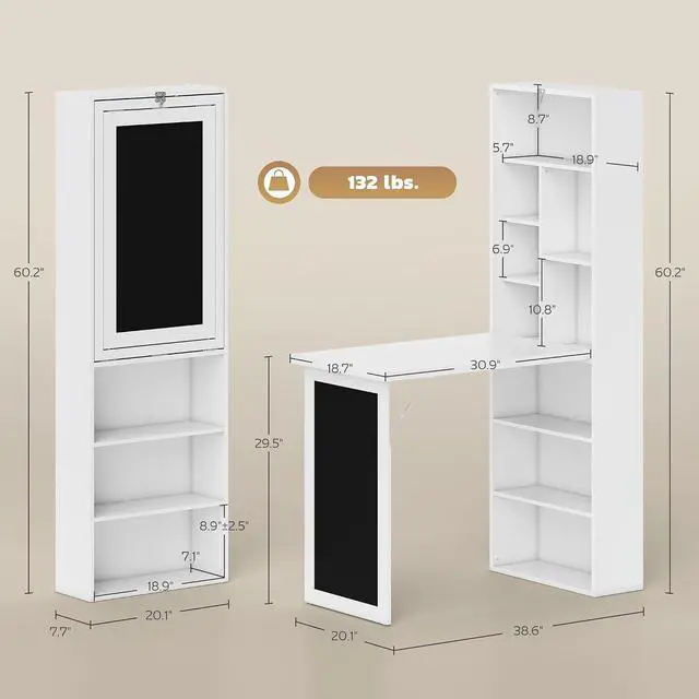 Alt view image 3 of 7 - Foldable Convertible Writing Table Space-Saving Computer Desk White | Wall Mounted Design, Chalkboard, Storage Shelves, for Small Spaces, Home Office, Bedroom, Dorm, Apartment