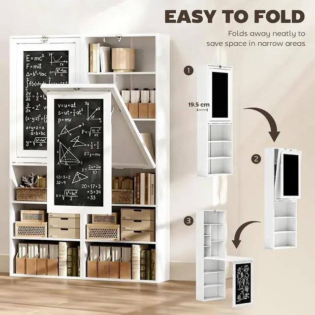 Alt view image 4 of 7 - Foldable Convertible Writing Table Space-Saving Computer Desk White | Wall Mounted Design, Chalkboard, Storage Shelves, for Small Spaces, Home Office, Bedroom, Dorm, Apartment