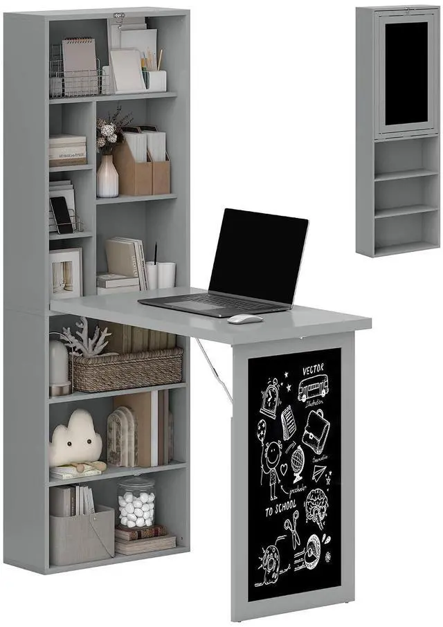 Main image of Foldable Desk Wall Mounted Convertible Table for Small Spaces, Gray | Wall Mounted, Space-Saving, Chalkboard, Storage Shelves, for Small Spaces, Home Office, Bedroom, Dorm, Apartment