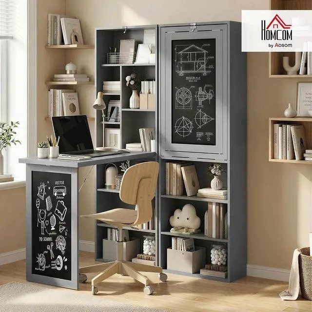 Alt view image 2 of 7 - Foldable Desk Wall Mounted Convertible Table for Small Spaces, Gray | Wall Mounted, Space-Saving, Chalkboard, Storage Shelves, for Small Spaces, Home Office, Bedroom, Dorm, Apartment