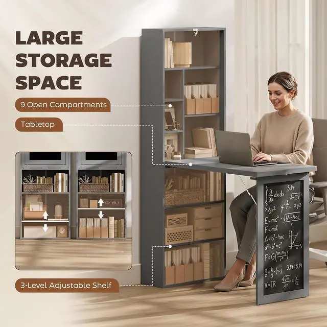 Alt view image 4 of 7 - Foldable Desk Wall Mounted Convertible Table for Small Spaces, Gray | Wall Mounted, Space-Saving, Chalkboard, Storage Shelves, for Small Spaces, Home Office, Bedroom, Dorm, Apartment
