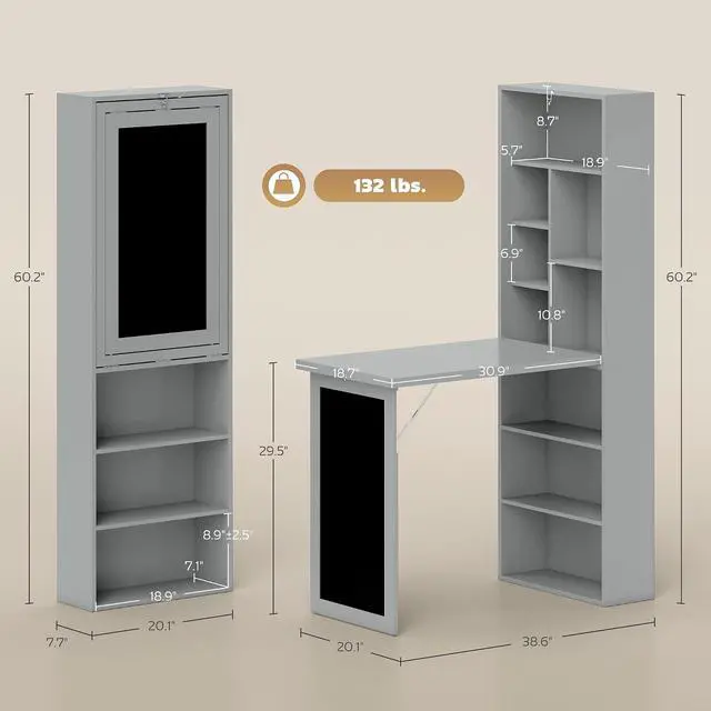 Alt view image 3 of 7 - Foldable Desk Wall Mounted Convertible Table for Small Spaces, Gray | Wall Mounted, Space-Saving, Chalkboard, Storage Shelves, for Small Spaces, Home Office, Bedroom, Dorm, Apartment