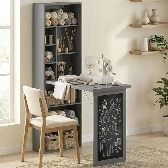 Alt view image 7 of 7 - Foldable Desk Wall Mounted Convertible Table for Small Spaces, Gray | Wall Mounted, Space-Saving, Chalkboard, Storage Shelves, for Small Spaces, Home Office, Bedroom, Dorm, Apartment