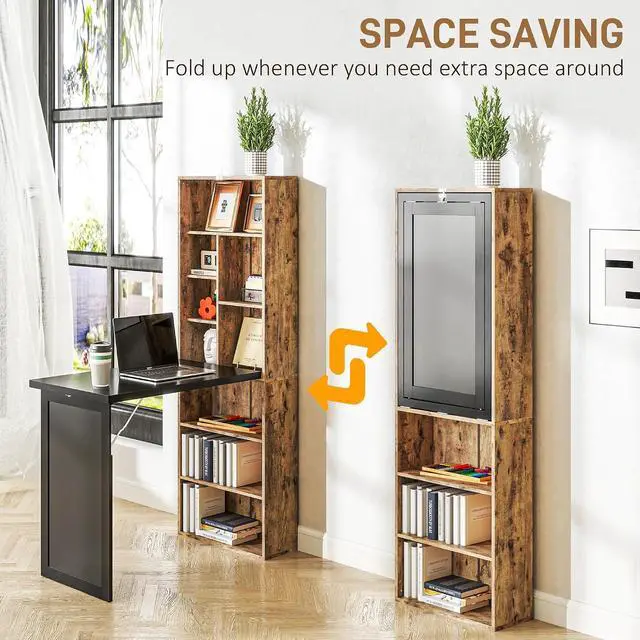 Alt view image 4 of 7 - Foldable Desk Wall Mounted Convertible Table, Rustic Brown | Wall Mounted, Space-Saving, Chalkboard, Storage Shelves, for Small Spaces, Home Office, Bedroom, Dorm, Apartment