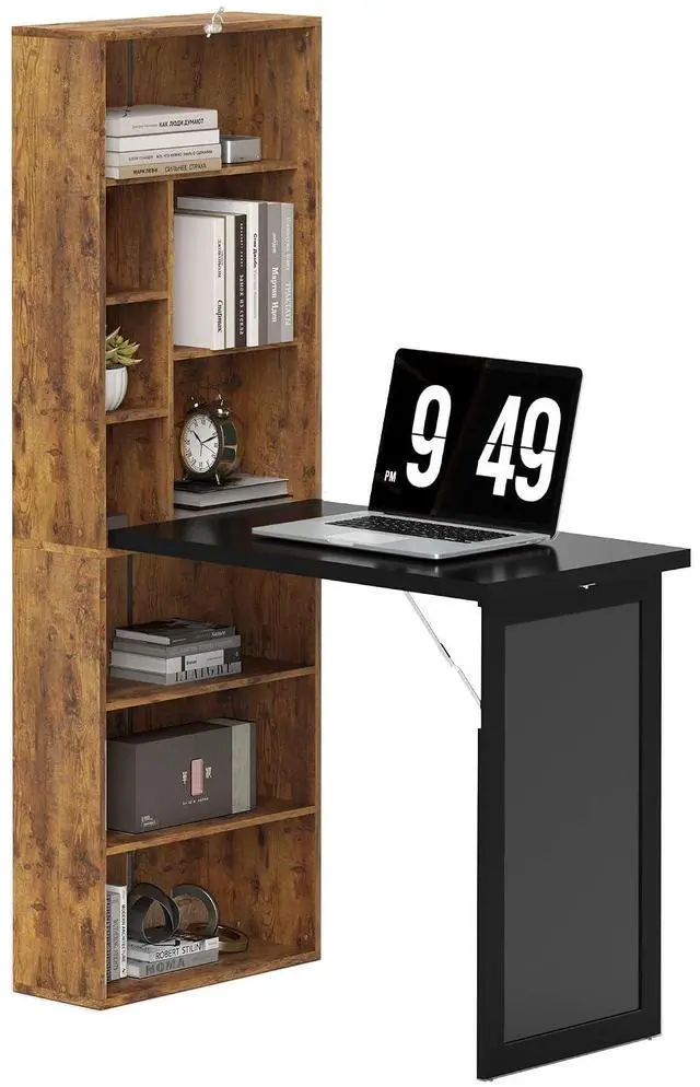 Main image of Foldable Desk Wall Mounted Convertible Table, Rustic Brown | Wall Mounted, Space-Saving, Chalkboard, Storage Shelves, for Small Spaces, Home Office, Bedroom, Dorm, Apartment