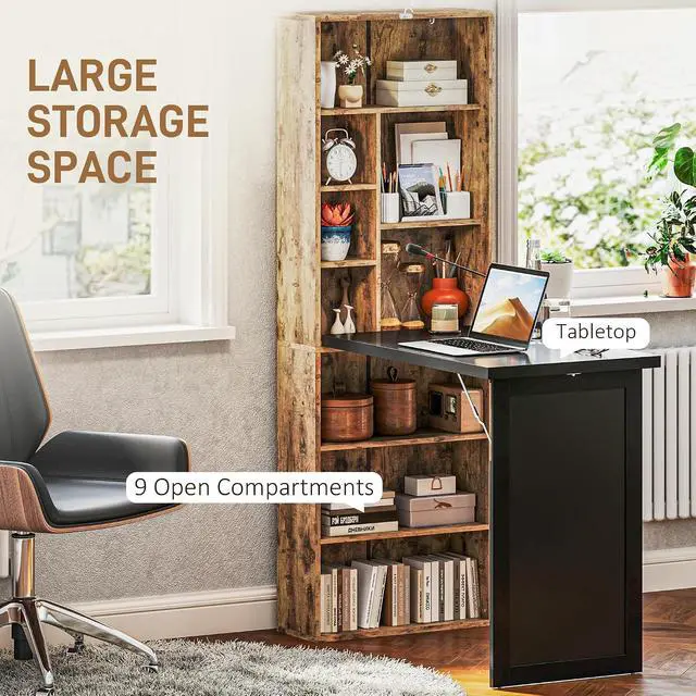 Alt view image 5 of 7 - Foldable Desk Wall Mounted Convertible Table, Rustic Brown | Wall Mounted, Space-Saving, Chalkboard, Storage Shelves, for Small Spaces, Home Office, Bedroom, Dorm, Apartment