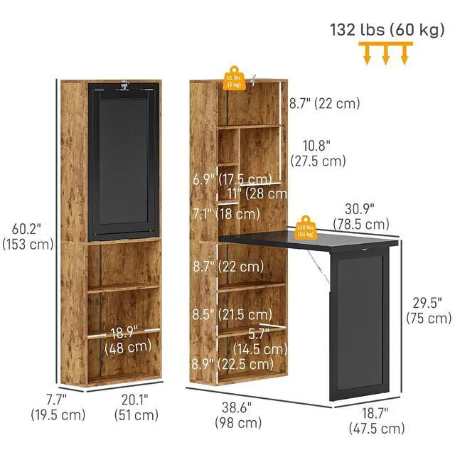 Alt view image 3 of 7 - Foldable Desk Wall Mounted Convertible Table, Rustic Brown | Wall Mounted, Space-Saving, Chalkboard, Storage Shelves, for Small Spaces, Home Office, Bedroom, Dorm, Apartment