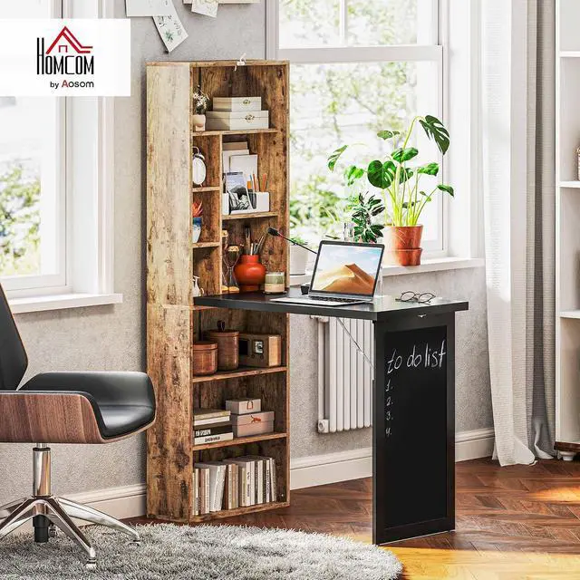 Alt view image 2 of 7 - Foldable Desk Wall Mounted Convertible Table, Rustic Brown | Wall Mounted, Space-Saving, Chalkboard, Storage Shelves, for Small Spaces, Home Office, Bedroom, Dorm, Apartment
