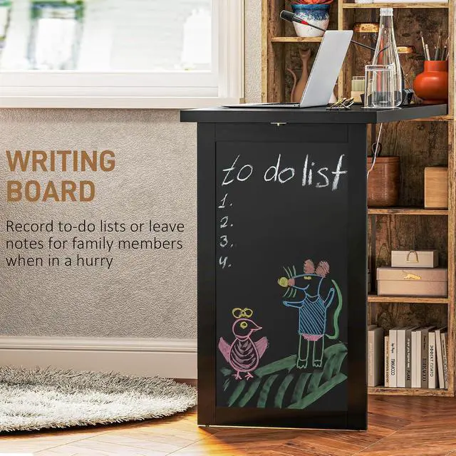 Alt view image 6 of 7 - Foldable Desk Wall Mounted Convertible Table, Rustic Brown | Wall Mounted, Space-Saving, Chalkboard, Storage Shelves, for Small Spaces, Home Office, Bedroom, Dorm, Apartment
