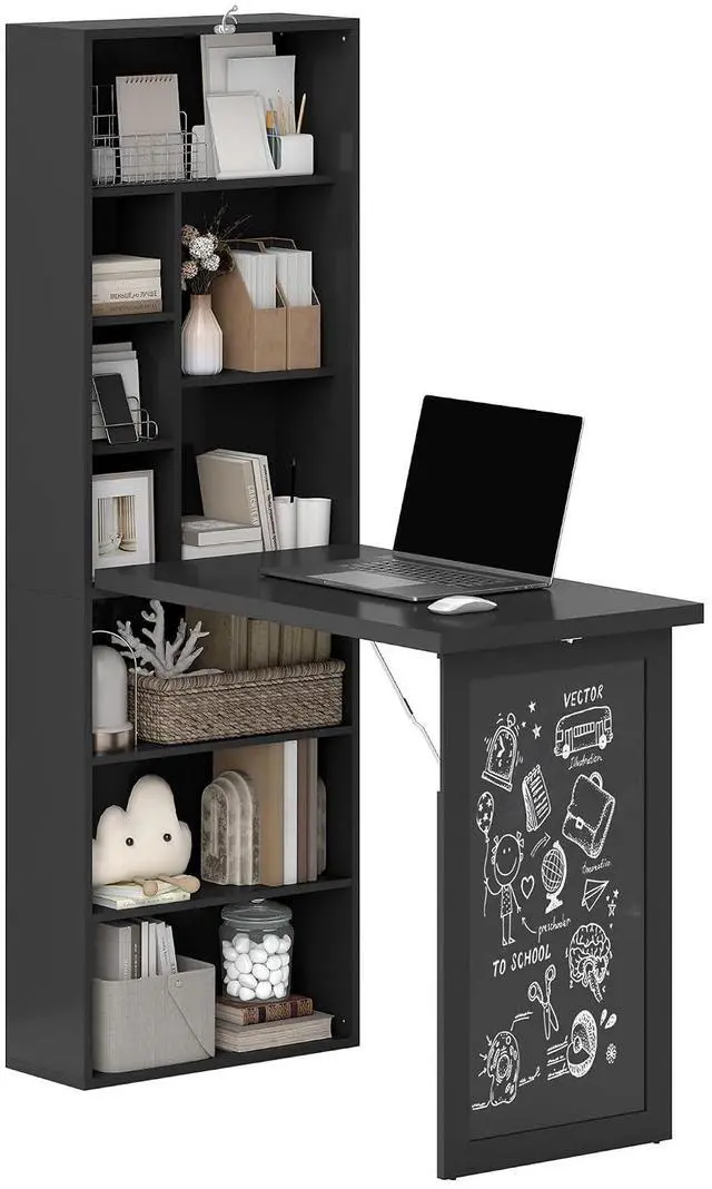 Main image of Foldable Convertible Writing Table Computer Desk, Black | Wall Mounted, Space-Saving, Chalkboard, Storage Shelves, for Small Spaces, Home Office, Bedroom, Dorm, Apartment
