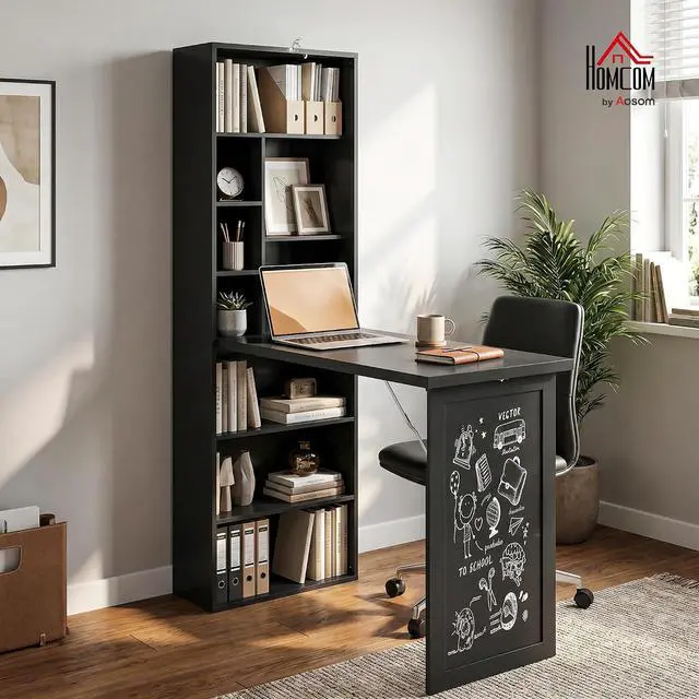 Alt view image 2 of 7 - Foldable Convertible Writing Table Computer Desk, Black | Wall Mounted, Space-Saving, Chalkboard, Storage Shelves, for Small Spaces, Home Office, Bedroom, Dorm, Apartment