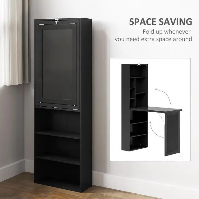 Alt view image 4 of 7 - Foldable Convertible Writing Table Computer Desk, Black | Wall Mounted, Space-Saving, Chalkboard, Storage Shelves, for Small Spaces, Home Office, Bedroom, Dorm, Apartment