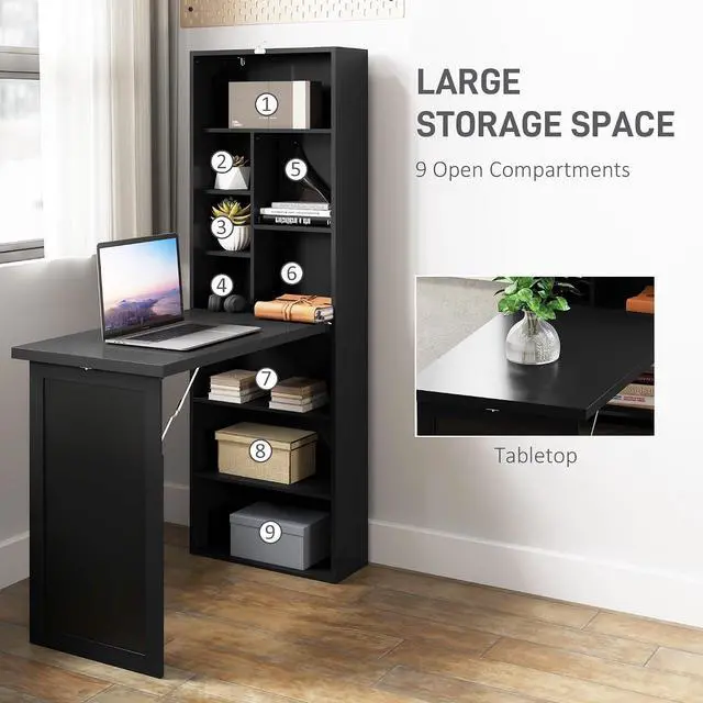 Alt view image 5 of 7 - Foldable Convertible Writing Table Computer Desk, Black | Wall Mounted, Space-Saving, Chalkboard, Storage Shelves, for Small Spaces, Home Office, Bedroom, Dorm, Apartment