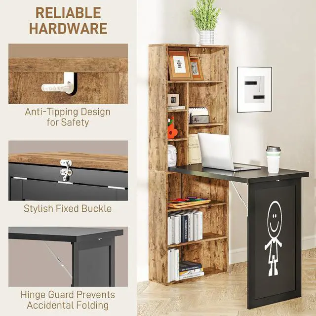 Alt view image 7 of 7 - Foldable Desk Wall Mounted Convertible Table, Rustic Brown | Wall Mounted, Space-Saving, Chalkboard, Storage Shelves, for Small Spaces, Home Office, Bedroom, Dorm, Apartment