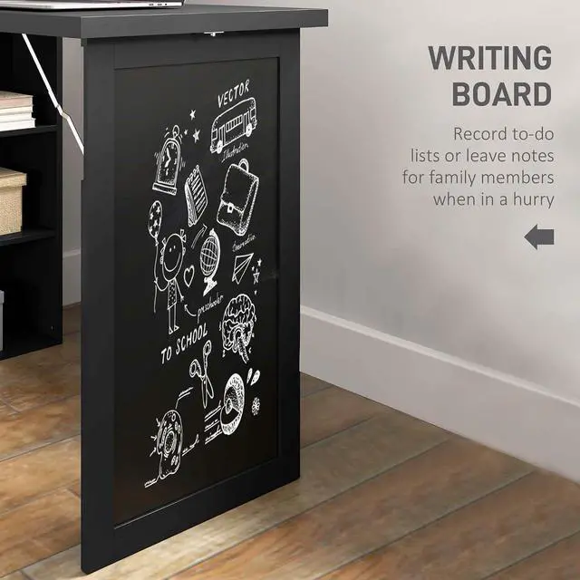 Alt view image 6 of 7 - Foldable Convertible Writing Table Computer Desk, Black | Wall Mounted, Space-Saving, Chalkboard, Storage Shelves, for Small Spaces, Home Office, Bedroom, Dorm, Apartment