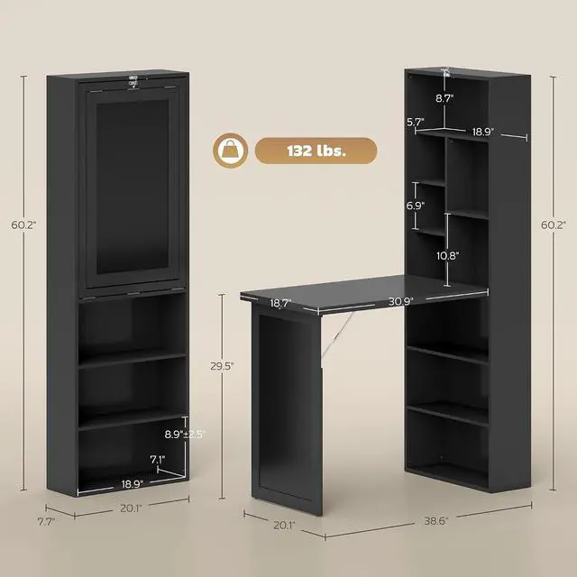Alt view image 3 of 7 - Foldable Convertible Writing Table Computer Desk, Black | Wall Mounted, Space-Saving, Chalkboard, Storage Shelves, for Small Spaces, Home Office, Bedroom, Dorm, Apartment