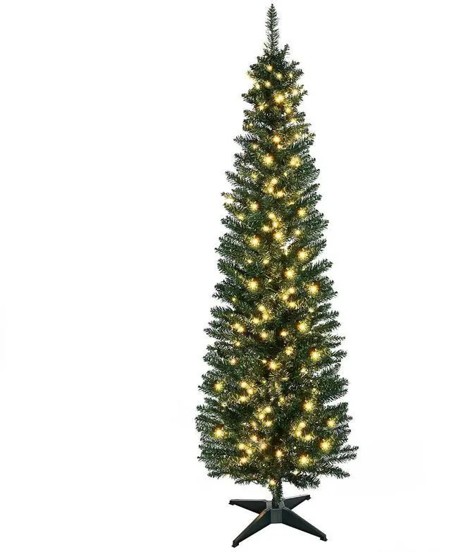 Main image of Noble Fir Artificial Pencil Christmas Tree Prelit 6' Green | Slim, 200 Warm White LED Lights, 390 Tips, Christmas Decoration