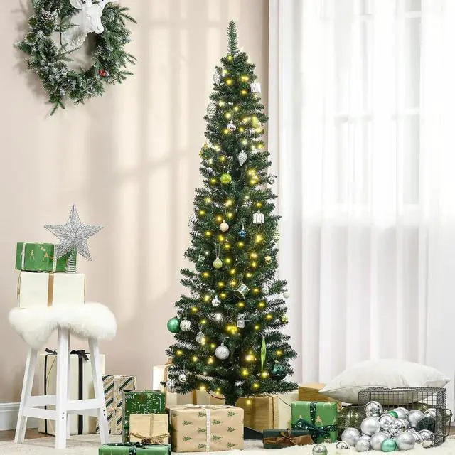 Alt view image 2 of 7 - Noble Fir Artificial Pencil Christmas Tree Prelit 6' Green | Slim, 200 Warm White LED Lights, 390 Tips, Christmas Decoration