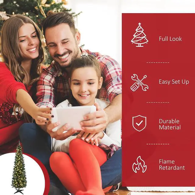 Alt view image 3 of 7 - Noble Fir Artificial Pencil Christmas Tree Prelit 6' Green | Slim, 200 Warm White LED Lights, 390 Tips, Christmas Decoration