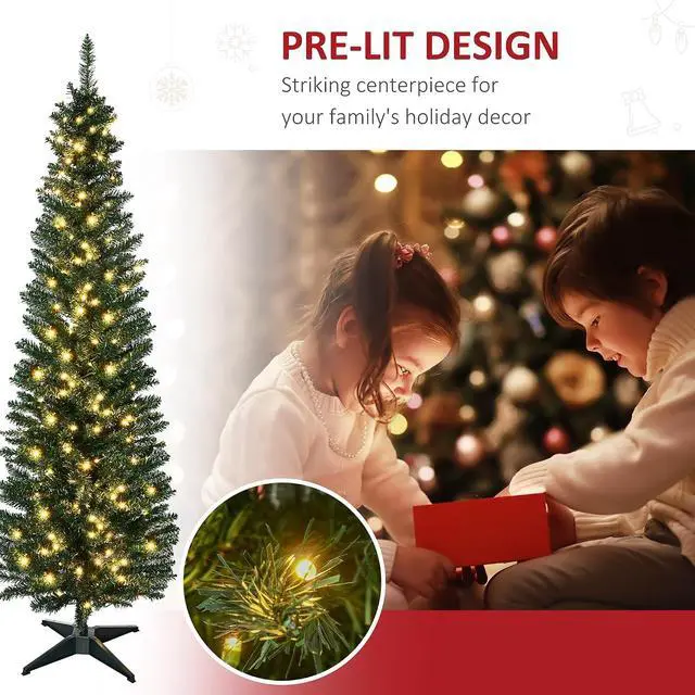 Alt view image 4 of 7 - Noble Fir Artificial Pencil Christmas Tree Prelit 6' Green | Slim, 200 Warm White LED Lights, 390 Tips, Christmas Decoration