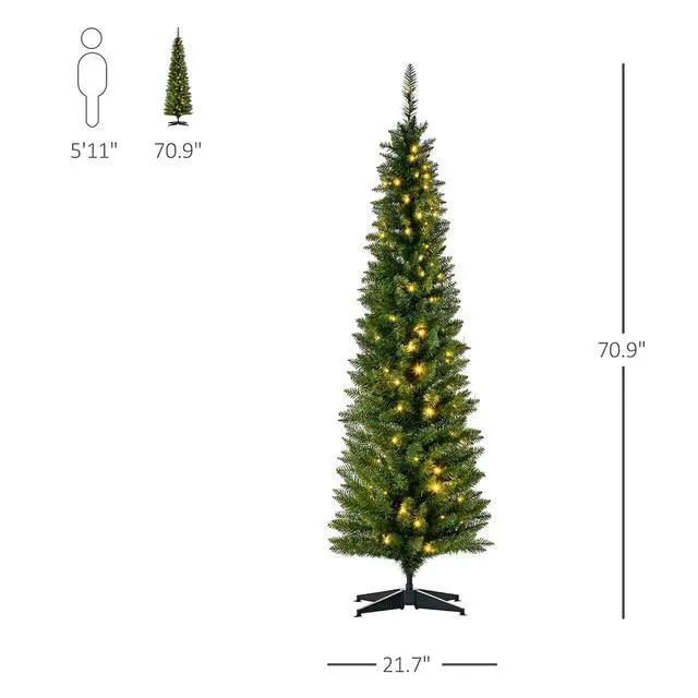 Alt view image 7 of 7 - Noble Fir Artificial Pencil Christmas Tree Prelit 6' Green | Slim, 200 Warm White LED Lights, 390 Tips, Christmas Decoration