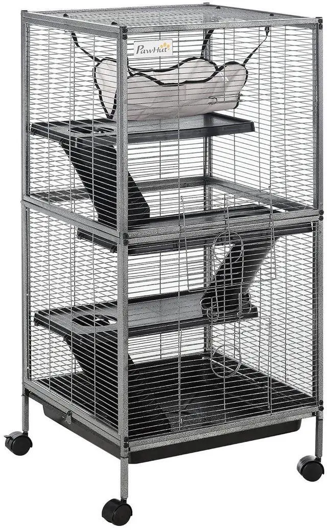 Main image of PawHut Metal Small Animal Cage, 4-Tiers Rolling Big Ferret Cage, Gray | with Hammock, Removable Tray, for Chinchilla, Sugar Glider