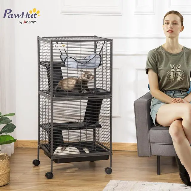 Alt view image 2 of 7 - PawHut Metal Small Animal Cage, 4-Tiers Rolling Big Ferret Cage, Gray | with Hammock, Removable Tray, for Chinchilla, Sugar Glider
