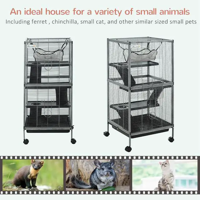 Alt view image 3 of 7 - PawHut Metal Small Animal Cage, 4-Tiers Rolling Big Ferret Cage, Gray | with Hammock, Removable Tray, for Chinchilla, Sugar Glider