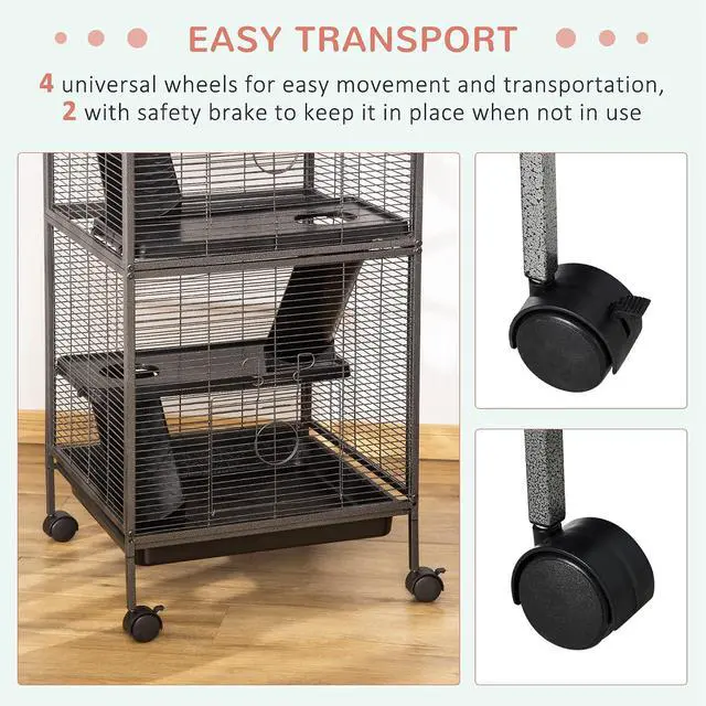 Alt view image 4 of 7 - PawHut Metal Small Animal Cage, 4-Tiers Rolling Big Ferret Cage, Gray | with Hammock, Removable Tray, for Chinchilla, Sugar Glider