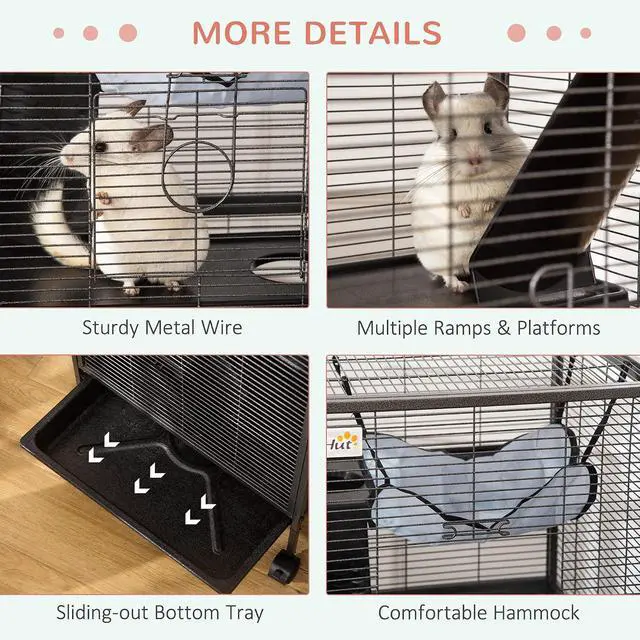 Alt view image 5 of 7 - PawHut Metal Small Animal Cage, 4-Tiers Rolling Big Ferret Cage, Gray | with Hammock, Removable Tray, for Chinchilla, Sugar Glider