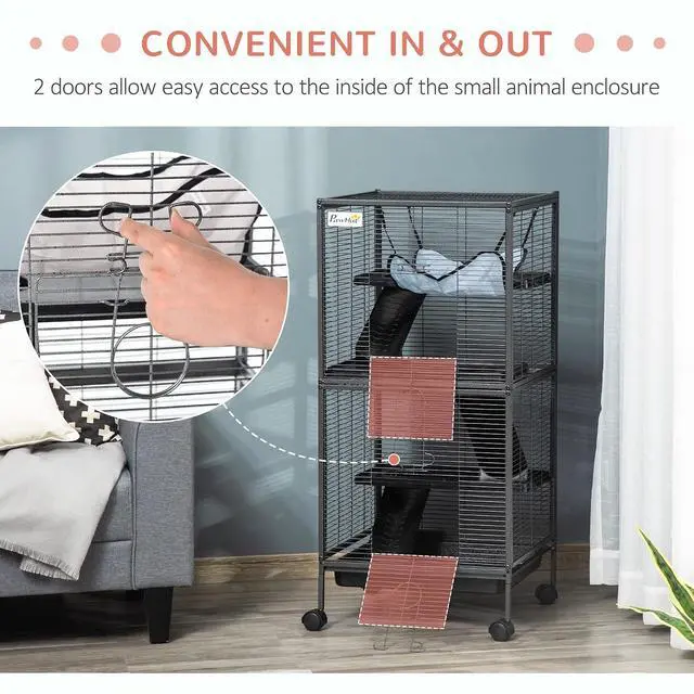 Alt view image 6 of 7 - PawHut Metal Small Animal Cage, 4-Tiers Rolling Big Ferret Cage, Gray | with Hammock, Removable Tray, for Chinchilla, Sugar Glider