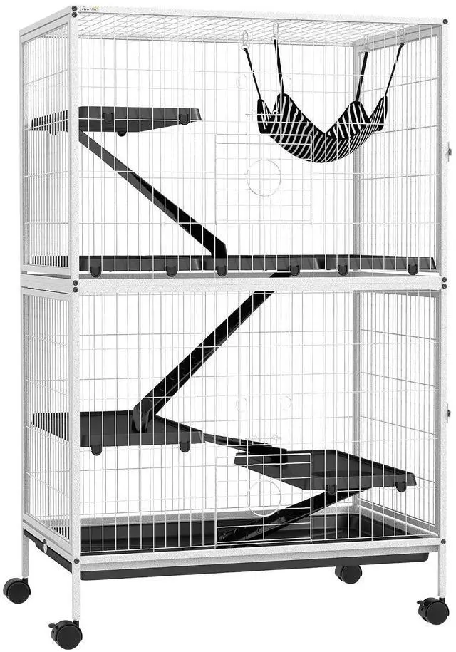 Main image of PawHut Metal Small Animal Cage, 5-Tiers Rolling Big Ferret Cage with Hammock, Removable Tray, for Chinchilla, Sugar Glider, White | with Hammock, Removable Tray, for Chinchilla, Sugar Glider