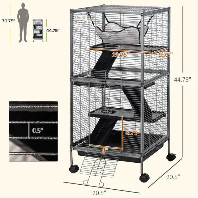 Alt view image 7 of 7 - PawHut Metal Small Animal Cage, 4-Tiers Rolling Big Ferret Cage, Gray | with Hammock, Removable Tray, for Chinchilla, Sugar Glider