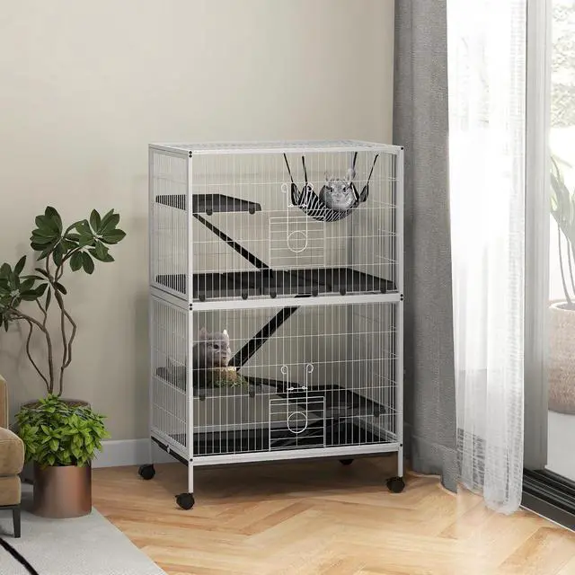 Alt view image 2 of 7 - PawHut Metal Small Animal Cage, 5-Tiers Rolling Big Ferret Cage with Hammock, Removable Tray, for Chinchilla, Sugar Glider, White | with Hammock, Removable Tray, for Chinchilla, Sugar Glider