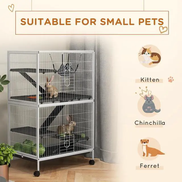 Alt view image 3 of 7 - PawHut Metal Small Animal Cage, 5-Tiers Rolling Big Ferret Cage with Hammock, Removable Tray, for Chinchilla, Sugar Glider, White | with Hammock, Removable Tray, for Chinchilla, Sugar Glider