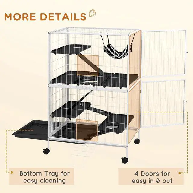 Alt view image 6 of 7 - PawHut Metal Small Animal Cage, 5-Tiers Rolling Big Ferret Cage with Hammock, Removable Tray, for Chinchilla, Sugar Glider, White | with Hammock, Removable Tray, for Chinchilla, Sugar Glider