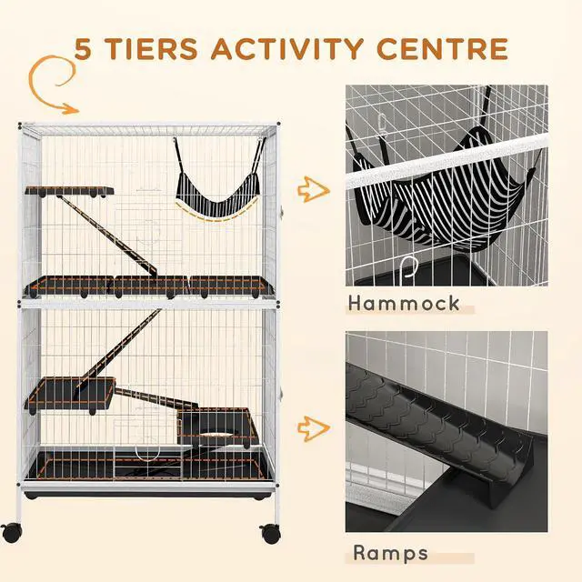Alt view image 5 of 7 - PawHut Metal Small Animal Cage, 5-Tiers Rolling Big Ferret Cage with Hammock, Removable Tray, for Chinchilla, Sugar Glider, White | with Hammock, Removable Tray, for Chinchilla, Sugar Glider