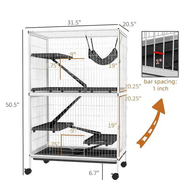Alt view image 7 of 7 - PawHut Metal Small Animal Cage, 5-Tiers Rolling Big Ferret Cage with Hammock, Removable Tray, for Chinchilla, Sugar Glider, White | with Hammock, Removable Tray, for Chinchilla, Sugar Glider