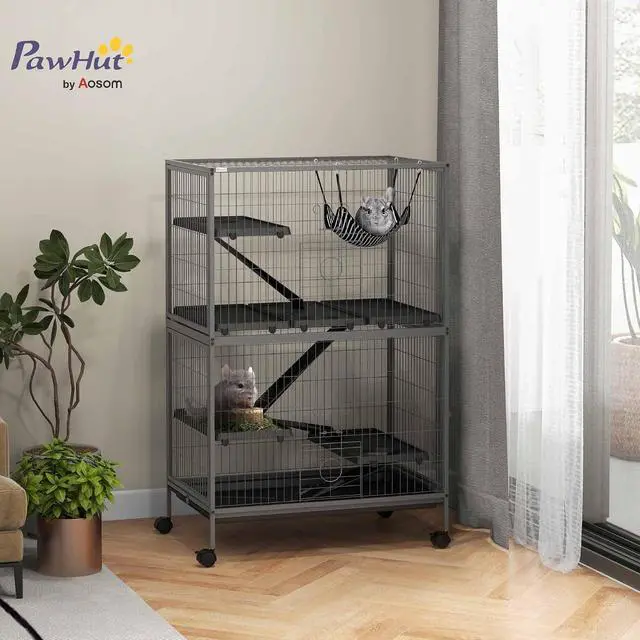 Alt view image 2 of 7 - PawHut Metal Small Animal Cage, 5-Tiers Rolling Big Ferret Cage, Gray | with Hammock, Removable Tray, for Chinchilla, Sugar Glider