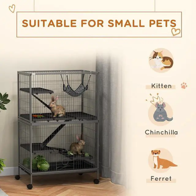 Alt view image 3 of 7 - PawHut Metal Small Animal Cage, 5-Tiers Rolling Big Ferret Cage, Gray | with Hammock, Removable Tray, for Chinchilla, Sugar Glider