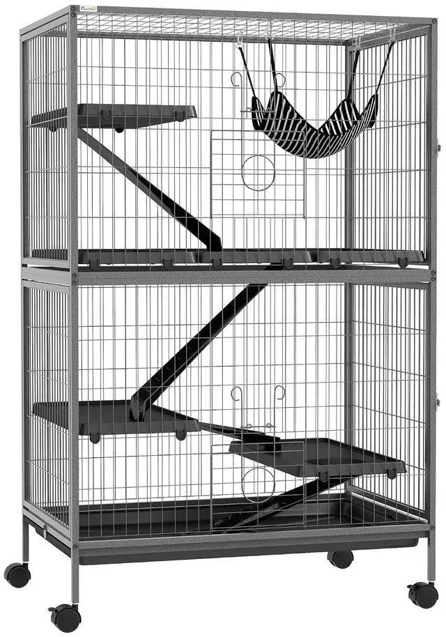 Main image of PawHut Metal Small Animal Cage, 5-Tiers Rolling Big Ferret Cage, Gray | with Hammock, Removable Tray, for Chinchilla, Sugar Glider
