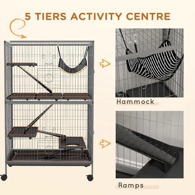 Alt view image 5 of 7 - PawHut Metal Small Animal Cage, 5-Tiers Rolling Big Ferret Cage, Gray | with Hammock, Removable Tray, for Chinchilla, Sugar Glider