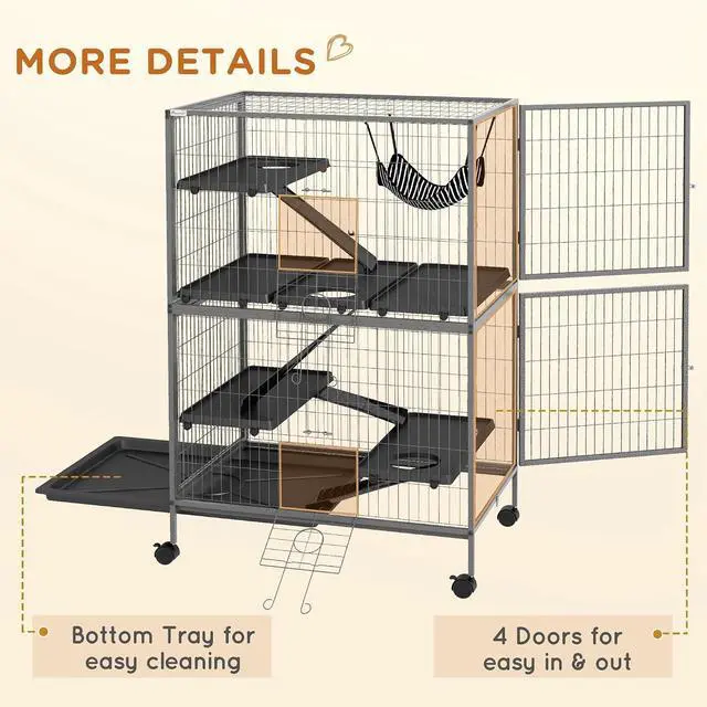 Alt view image 6 of 7 - PawHut Metal Small Animal Cage, 5-Tiers Rolling Big Ferret Cage, Gray | with Hammock, Removable Tray, for Chinchilla, Sugar Glider