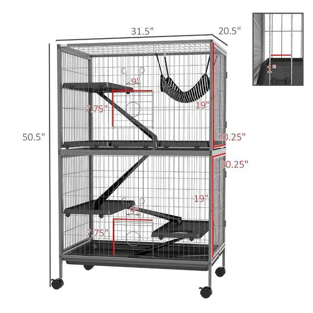 Alt view image 7 of 7 - PawHut Metal Small Animal Cage, 5-Tiers Rolling Big Ferret Cage, Gray | with Hammock, Removable Tray, for Chinchilla, Sugar Glider