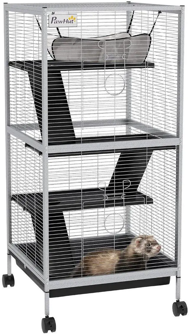 Main image of PawHut Metal Small Animal Cage, 4-Tiers Rolling Big Ferret Cage with Hammock, Removable Tray, for Chinchilla, Sugar Glider, White | with Hammock, Removable Tray, for Chinchilla, Sugar Glider