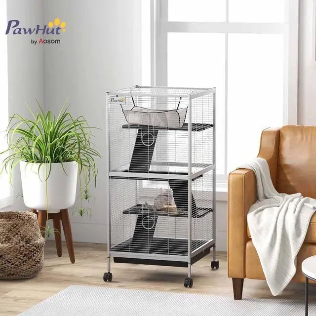 Alt view image 2 of 7 - PawHut Metal Small Animal Cage, 4-Tiers Rolling Big Ferret Cage with Hammock, Removable Tray, for Chinchilla, Sugar Glider, White | with Hammock, Removable Tray, for Chinchilla, Sugar Glider