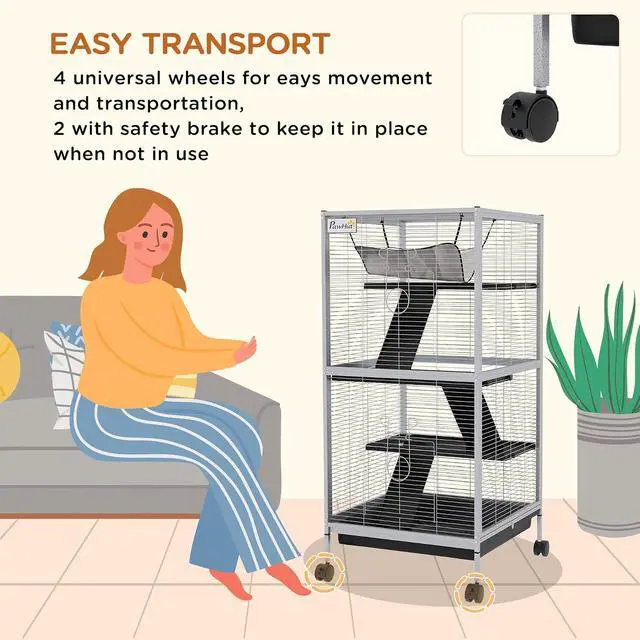 Alt view image 4 of 7 - PawHut Metal Small Animal Cage, 4-Tiers Rolling Big Ferret Cage with Hammock, Removable Tray, for Chinchilla, Sugar Glider, White | with Hammock, Removable Tray, for Chinchilla, Sugar Glider