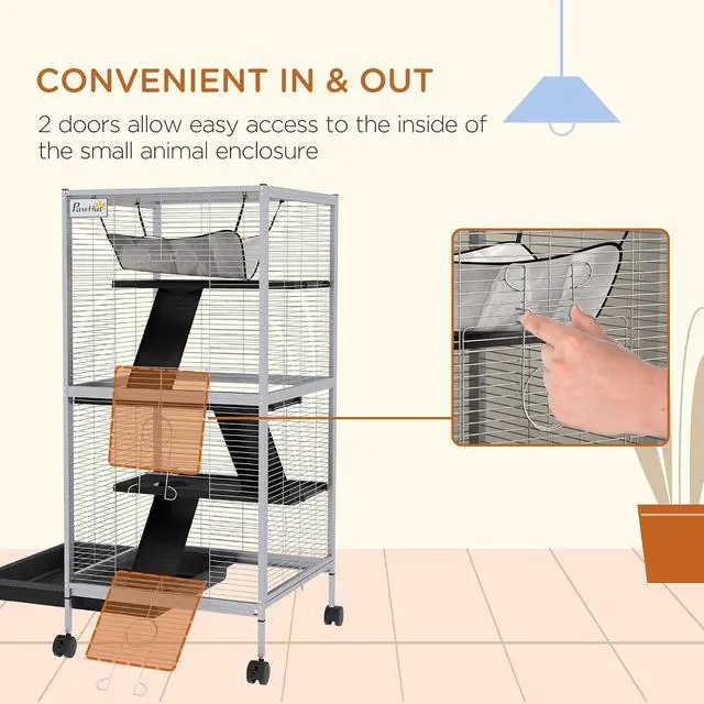 Alt view image 6 of 7 - PawHut Metal Small Animal Cage, 4-Tiers Rolling Big Ferret Cage with Hammock, Removable Tray, for Chinchilla, Sugar Glider, White | with Hammock, Removable Tray, for Chinchilla, Sugar Glider
